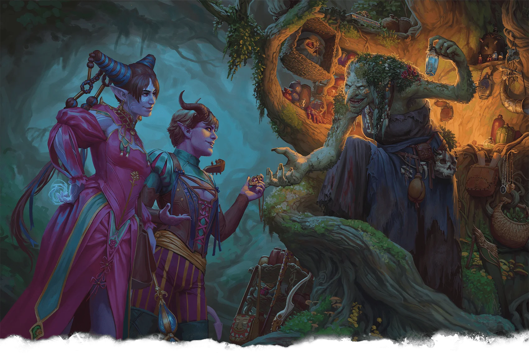 Postavy se snaží okouzlit zelenou čarodějnici při smlouvání o magické předměty