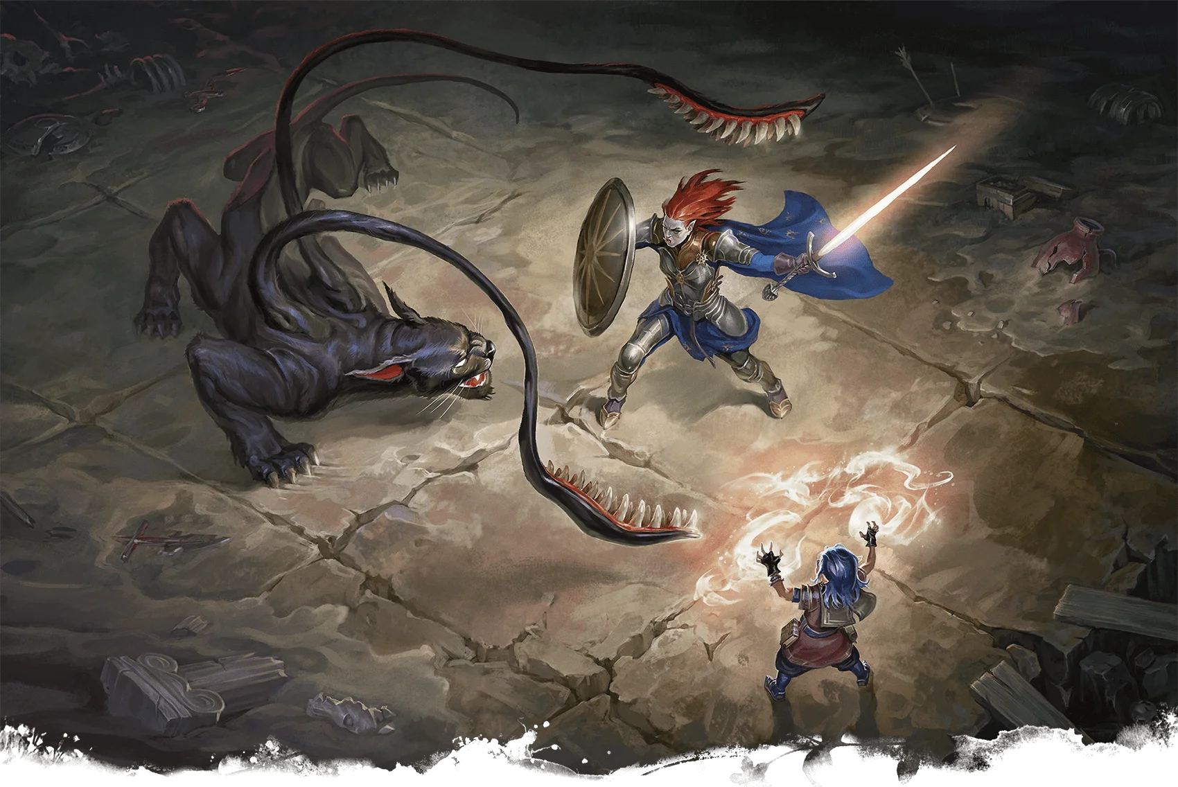 Tvorové zabírají prostory různé velikosti. Tento Zmístňovač zabírá prostor 10 x 10 stop, zatímco dobrodruzi zabírají prostory 5 x 5 stop