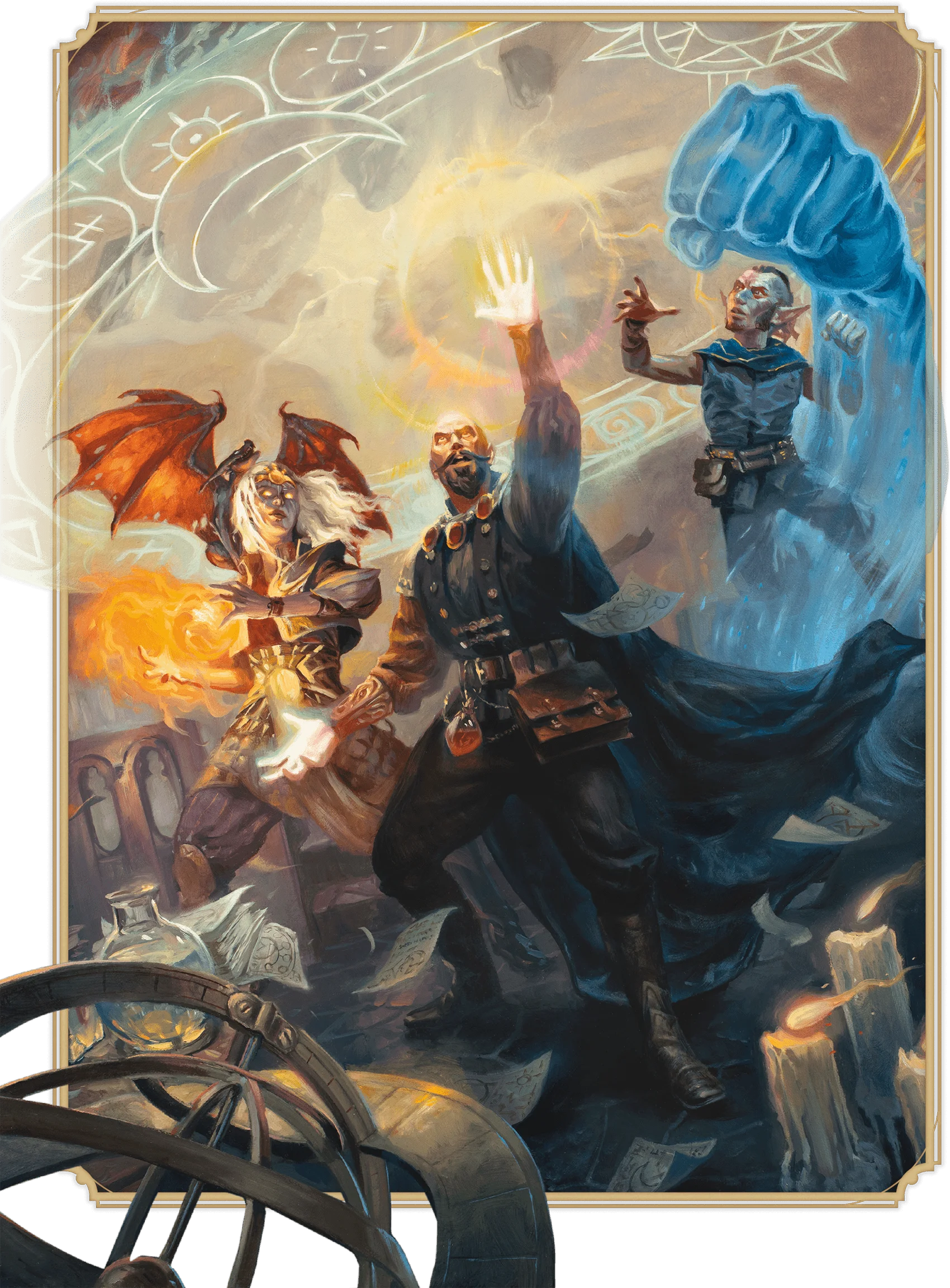 Arcimágové Šedého jestřába – Jallarzi, Mordenkainen a Bigby – připravují svou magii, když otevírají bránu do jiné sféry