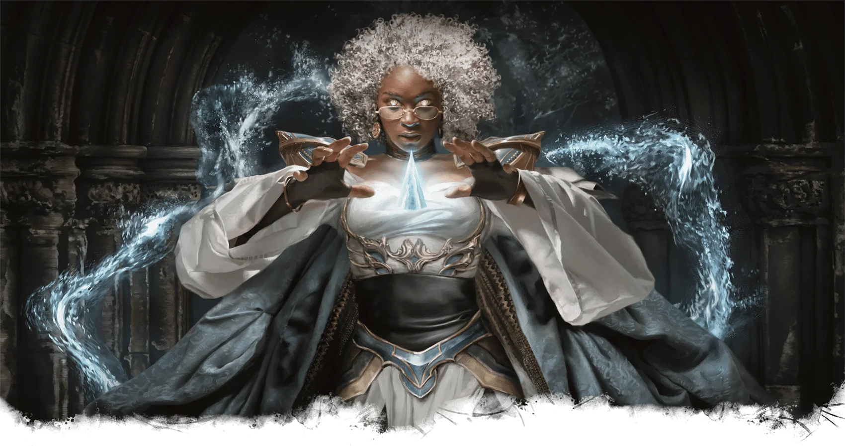 Asimarský Wizard používá krystalovou materiální složku k zaměření magie Ledového kužele