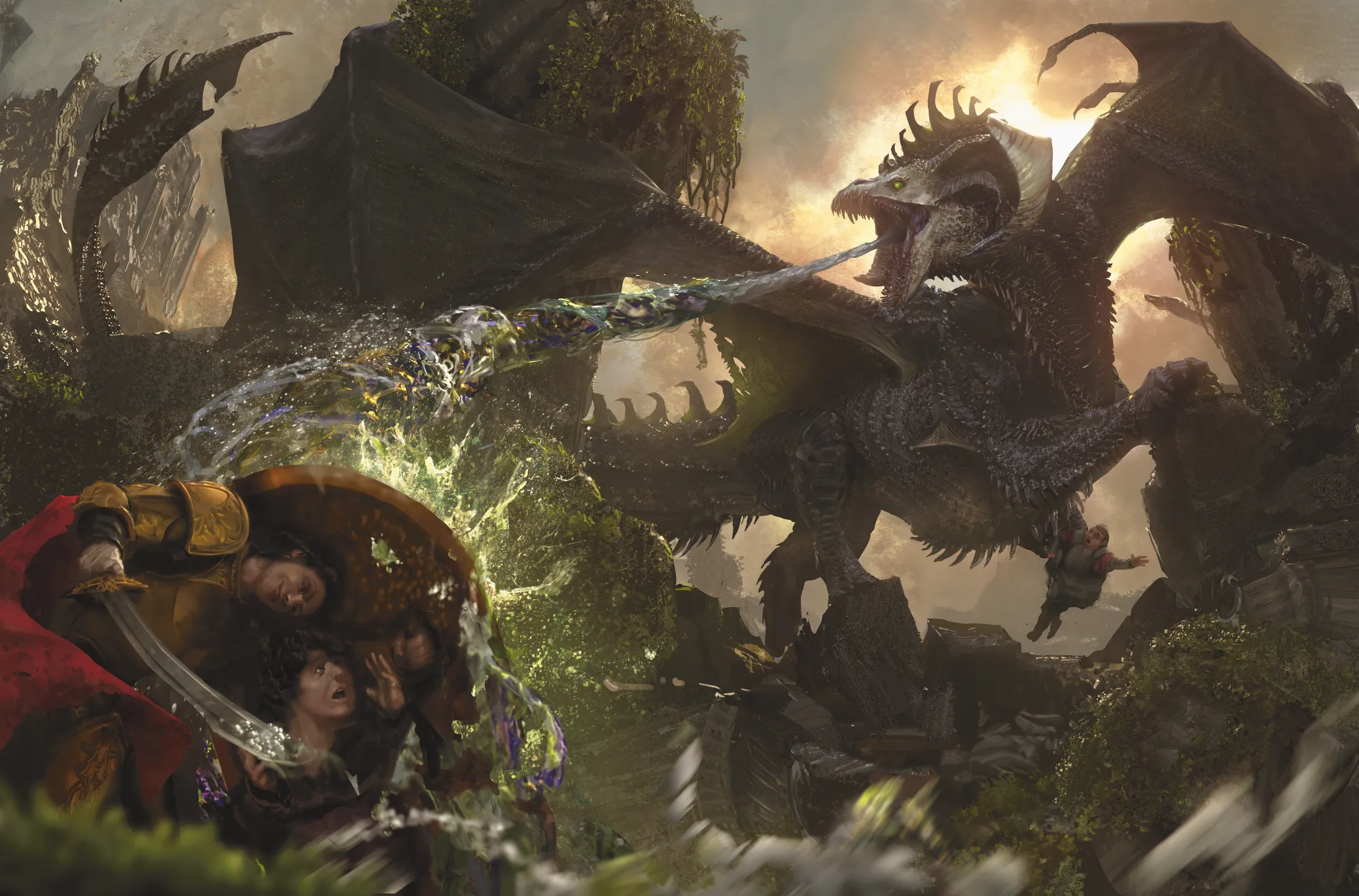 Bojovník stojí mezi spojencem a náporem černého draka