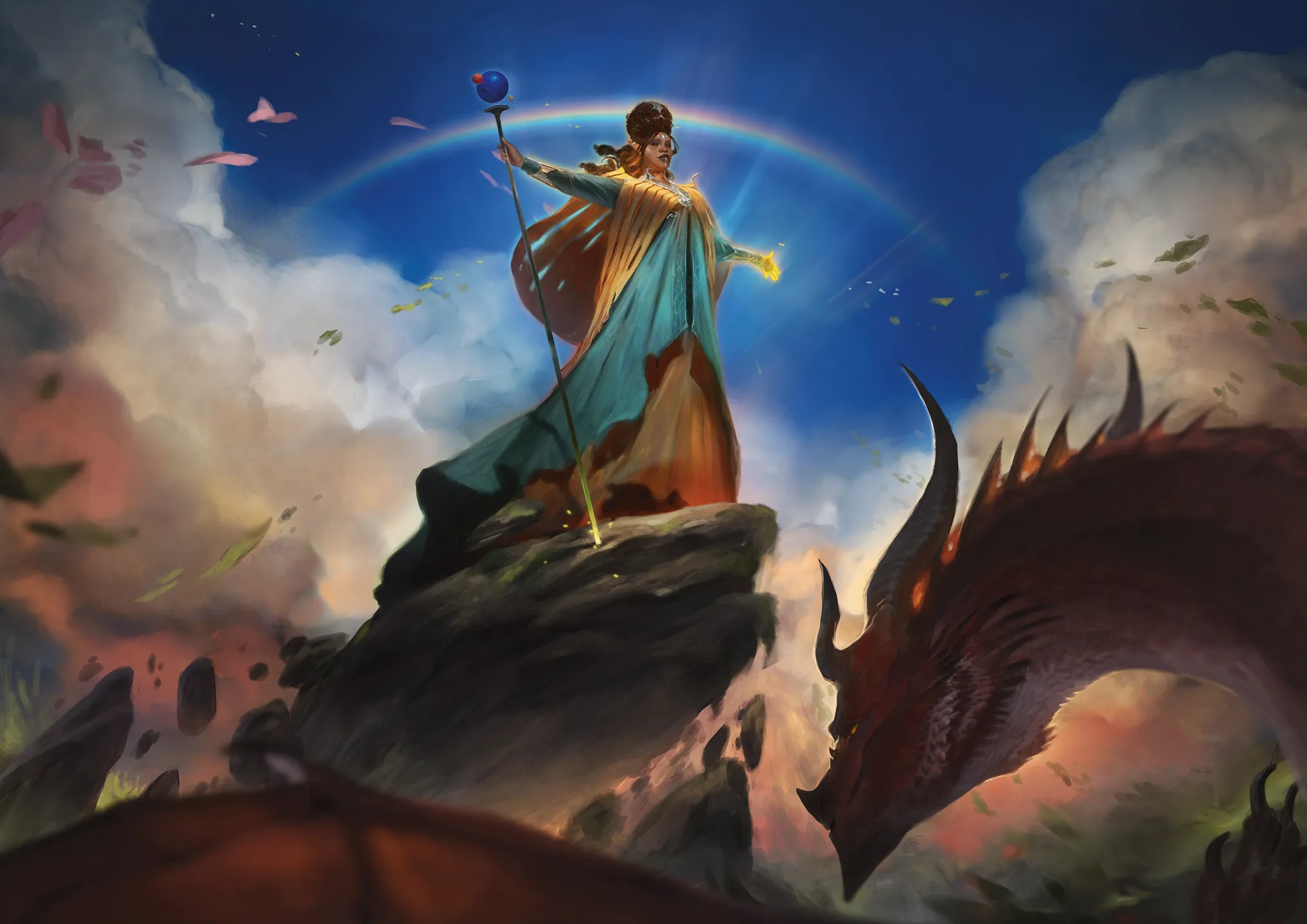 Elfská královna Yolande ohromuje rudého draka svým kouzlem, Yolandina vznešená přítomnost