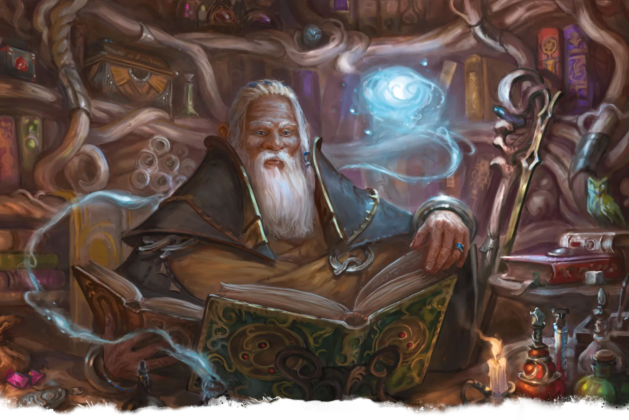 Wizard Leomund studuje knihy kouzel, aby si připravil svou magii