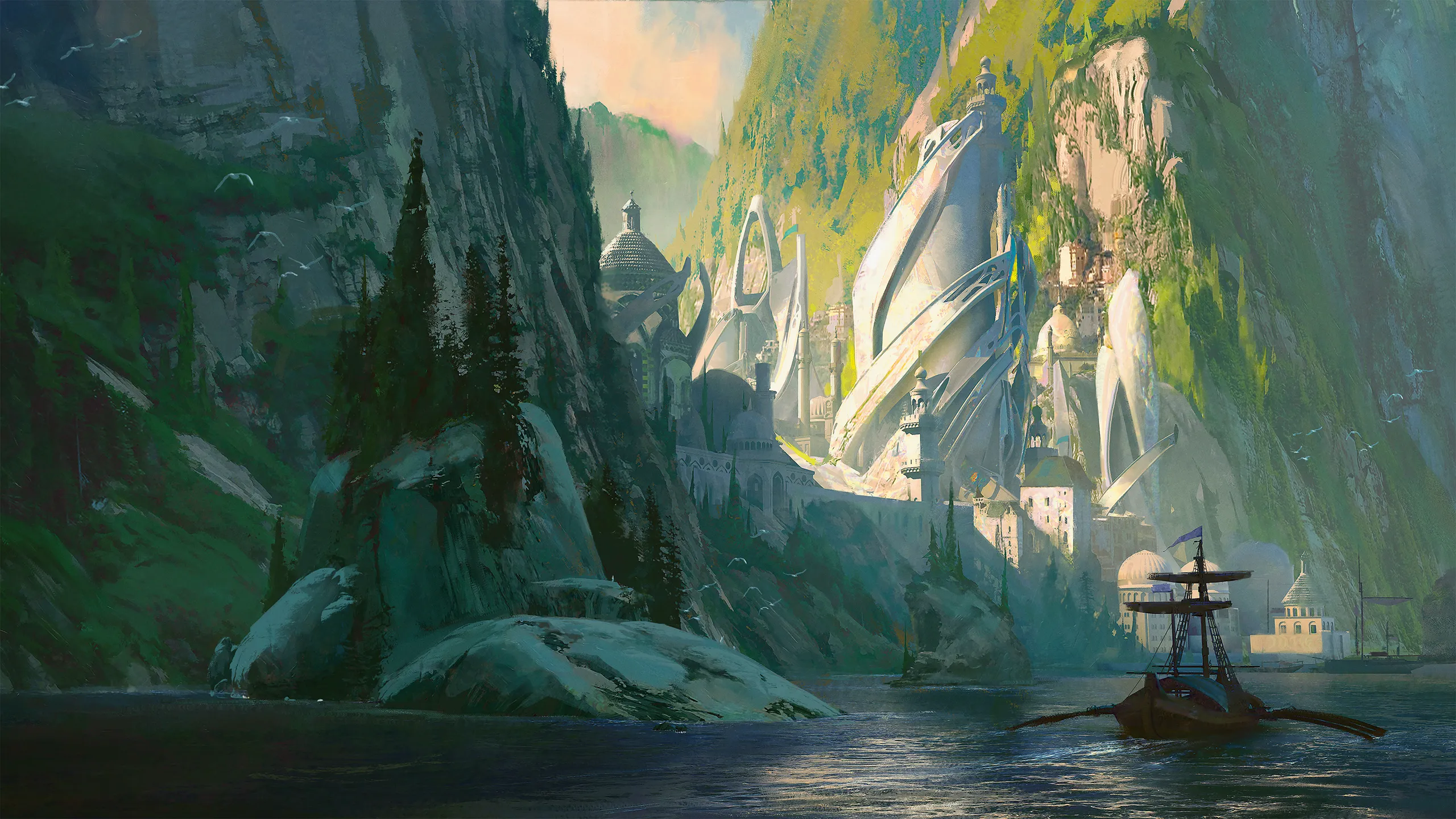 Loď odplouvá z města postaveného vznešenými Elfy